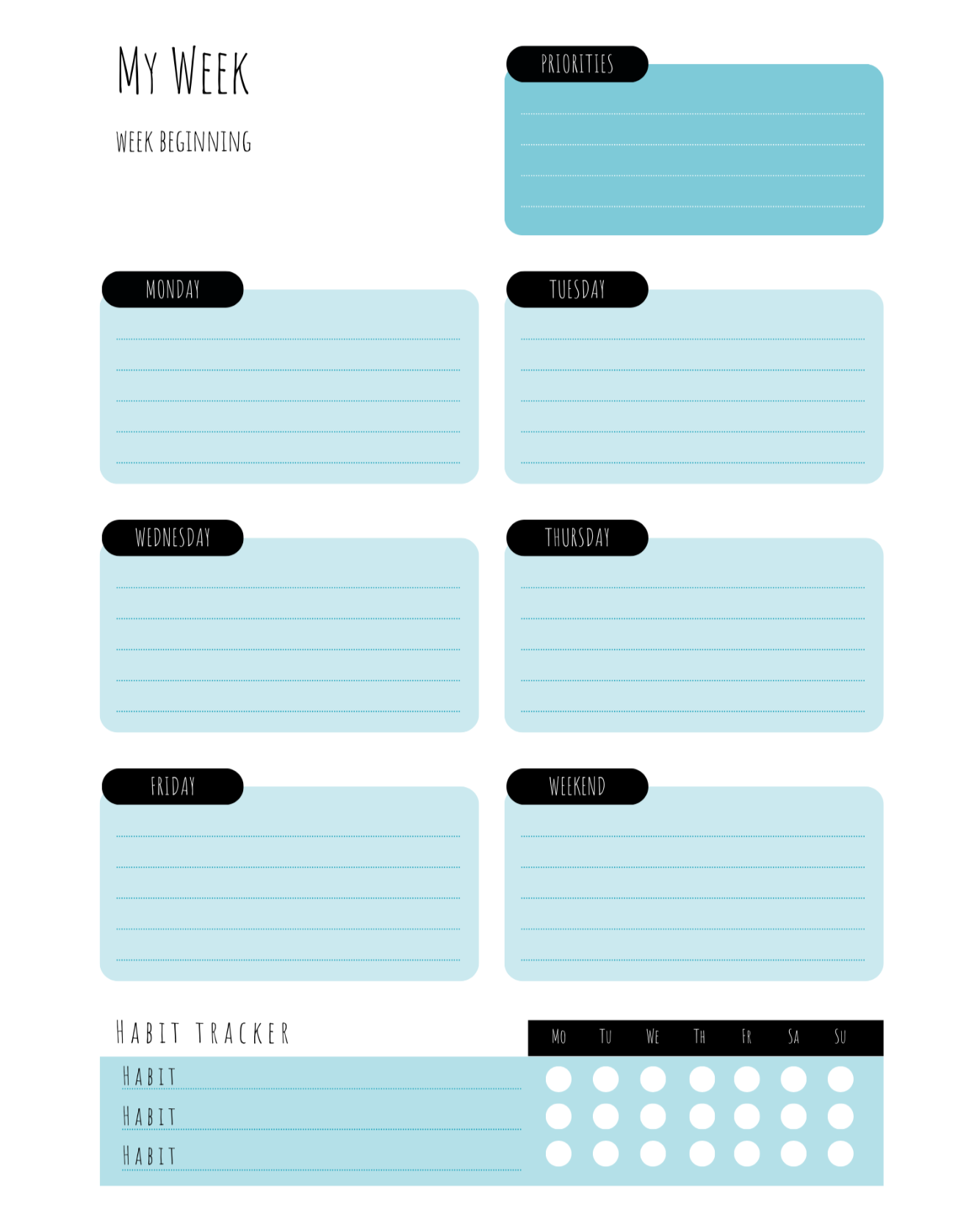 Planner blue weekly page